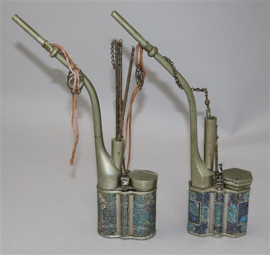 Two Chinese paktong and champlevé enamel waterpipes, c.1900, 26 and 27cm